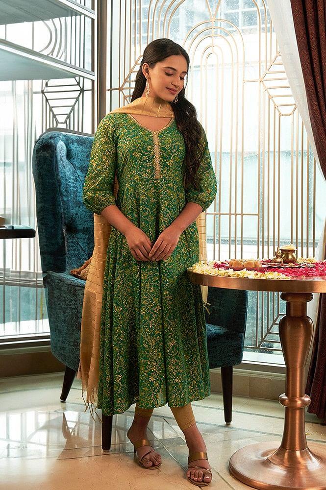 green floral foil printed flared kurta