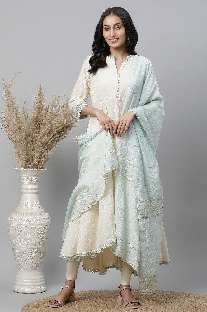 off-white asymmetrical embellished kurta, tights & mint dupatta