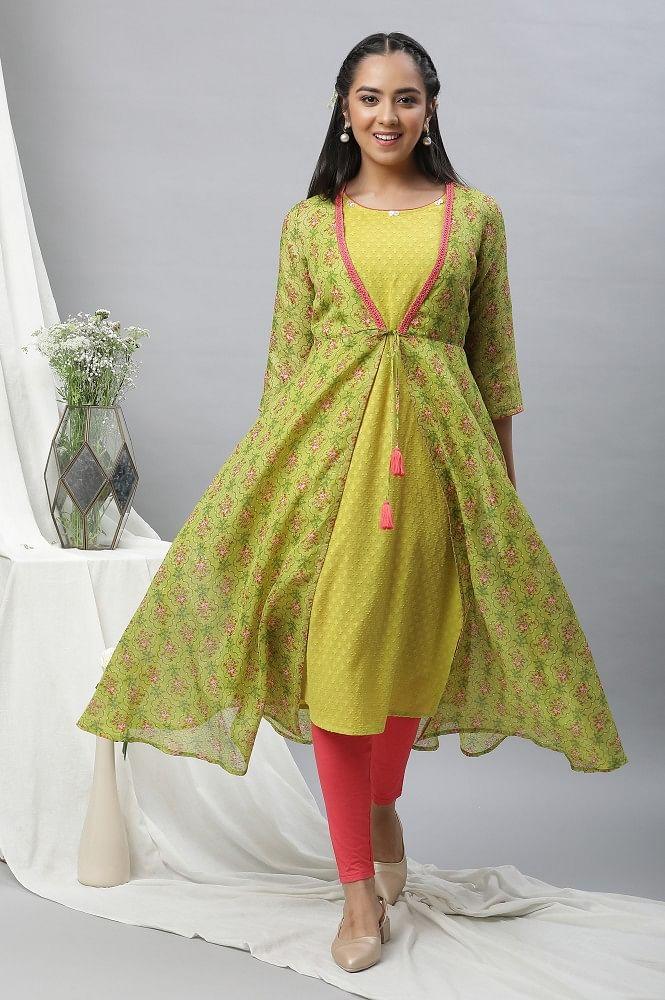 green kota gilet, textured kurta & tights set