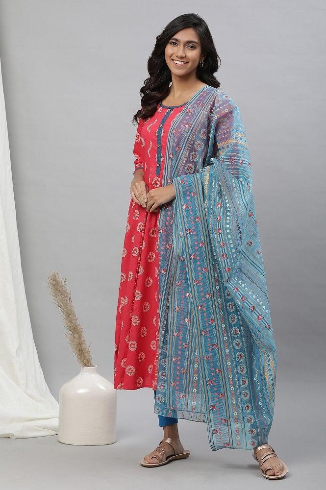 pink printed anarkali kurta, tights and dupatta