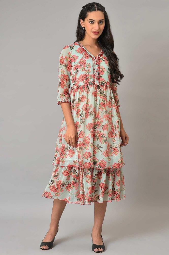 blue flared printed chiffon dress