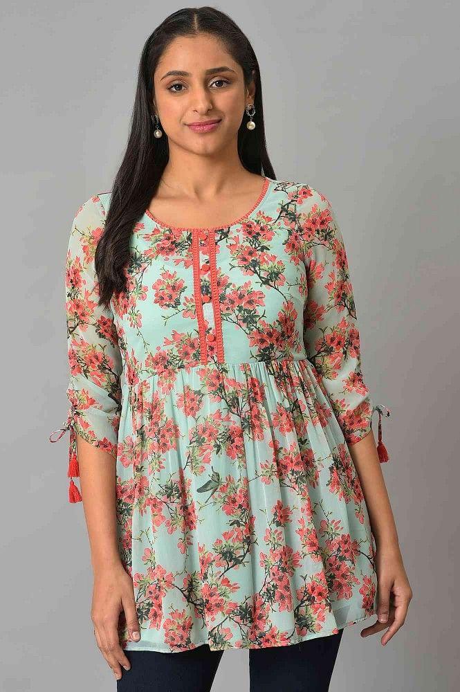 green floral short chiffon kurta