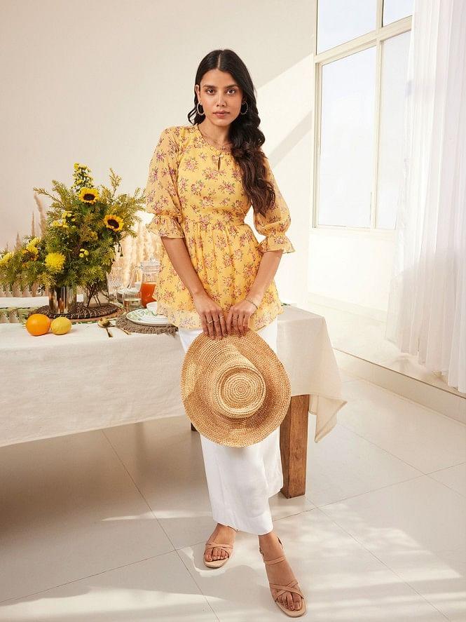 yellow floral print flared short chiffon kurta