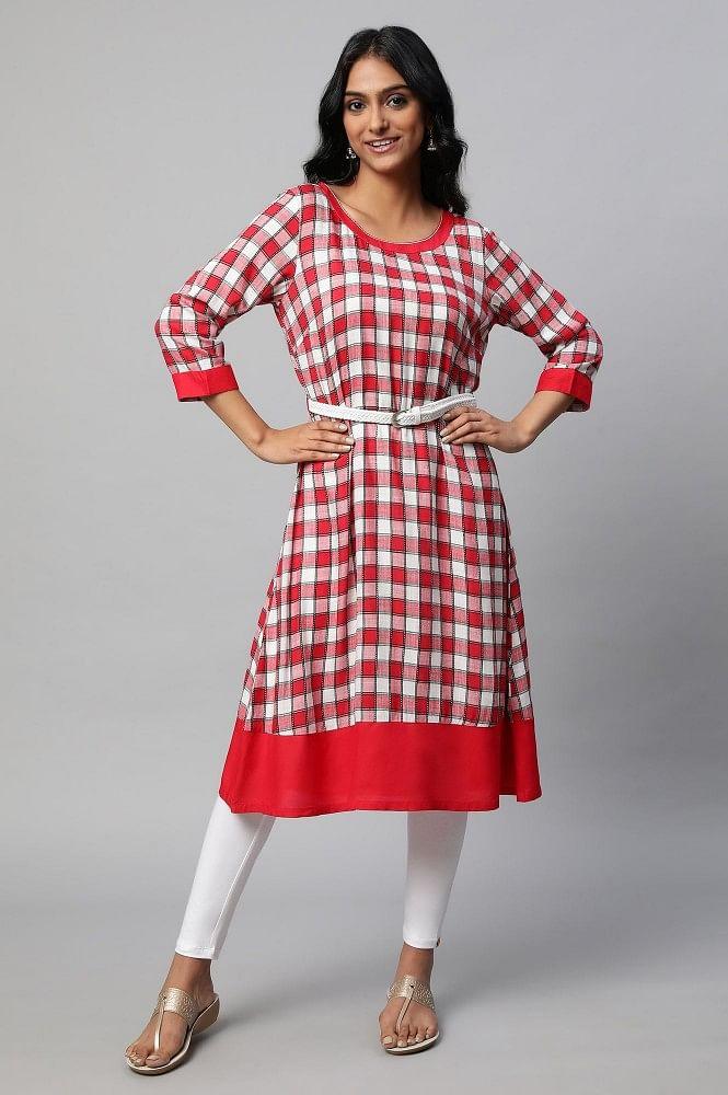 red checker dobby kurta set