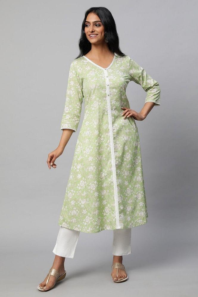 green floral printed a-line kurta set