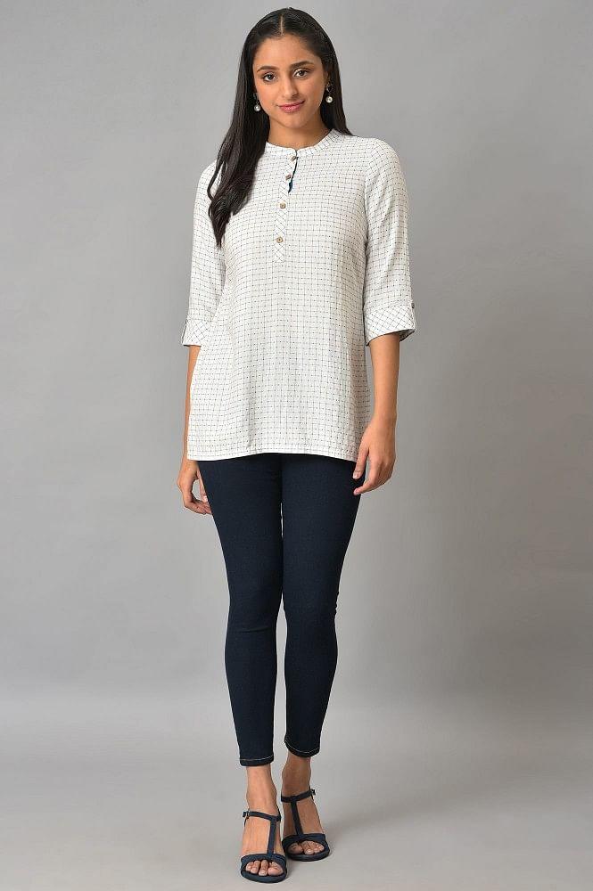 white check printed kurta & denim jeggings