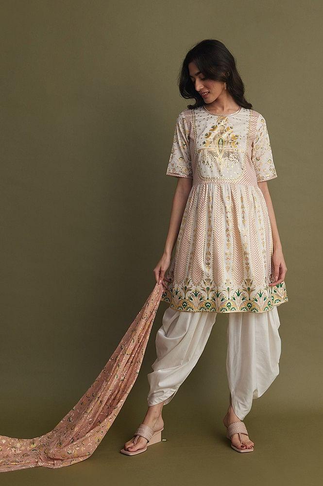 white printed festive short kurta with dhoti set