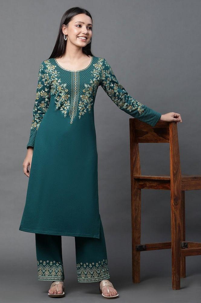 green floral printed ethnic kurta and palazzo winter set