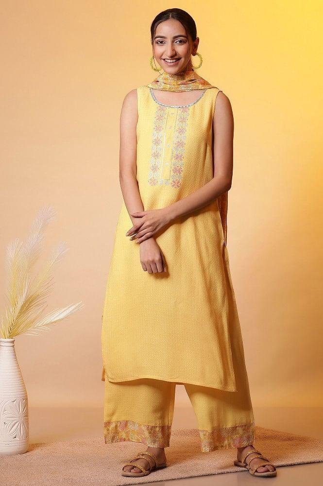 yellow metallic embroidered kurta, palazzo and kota dupatta set