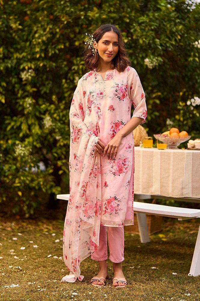 peach floral printed straight kurta, pants and organza dupatta