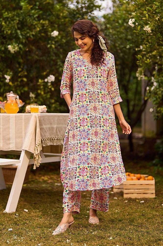 mutli-coloured straight kurta and pants co-ord set