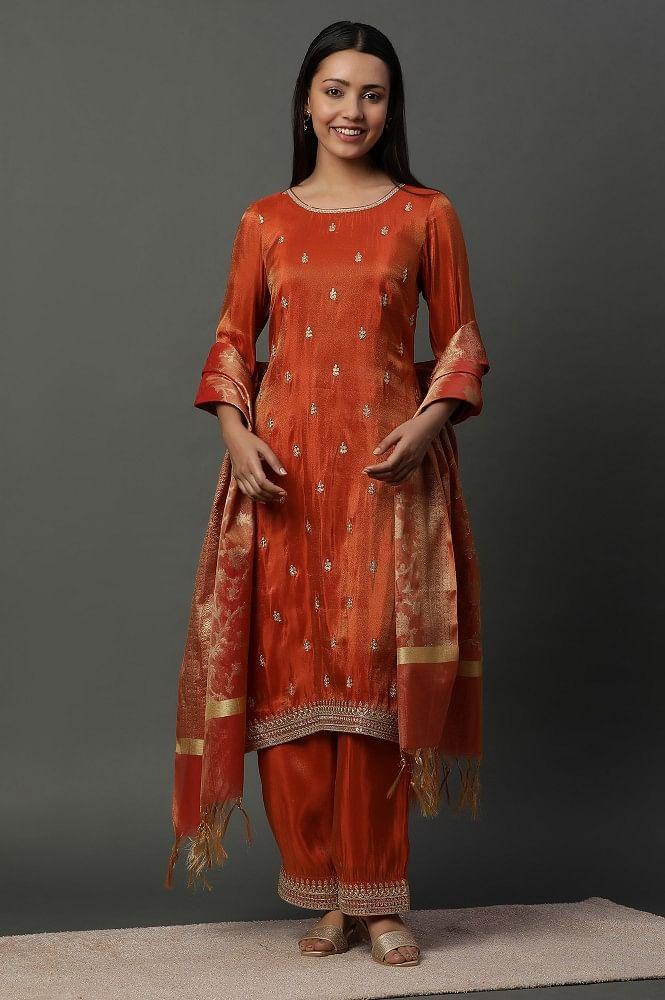 rust orange metallic embroidered kurta, pants and banarsi dupatta set