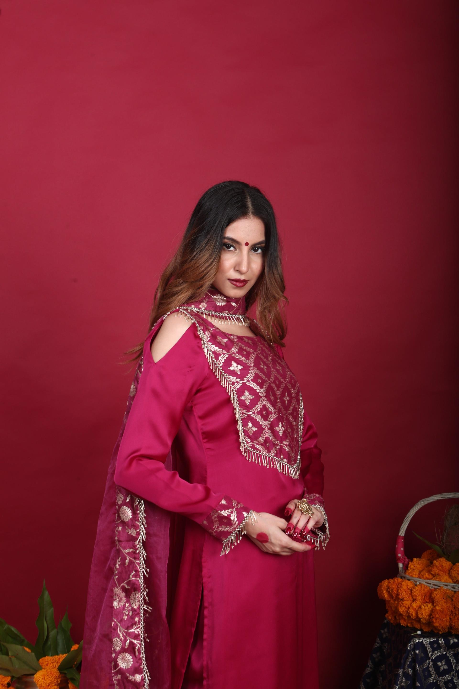 isha-cold-shoulder kurta set-plum purple