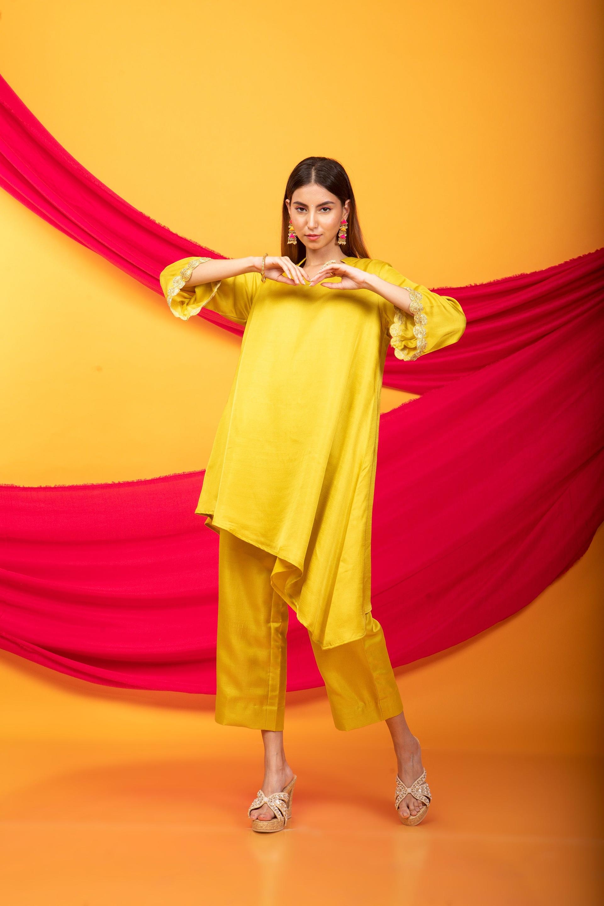 nusrat assymetrical kurta and pant co-ord set-canary yellow