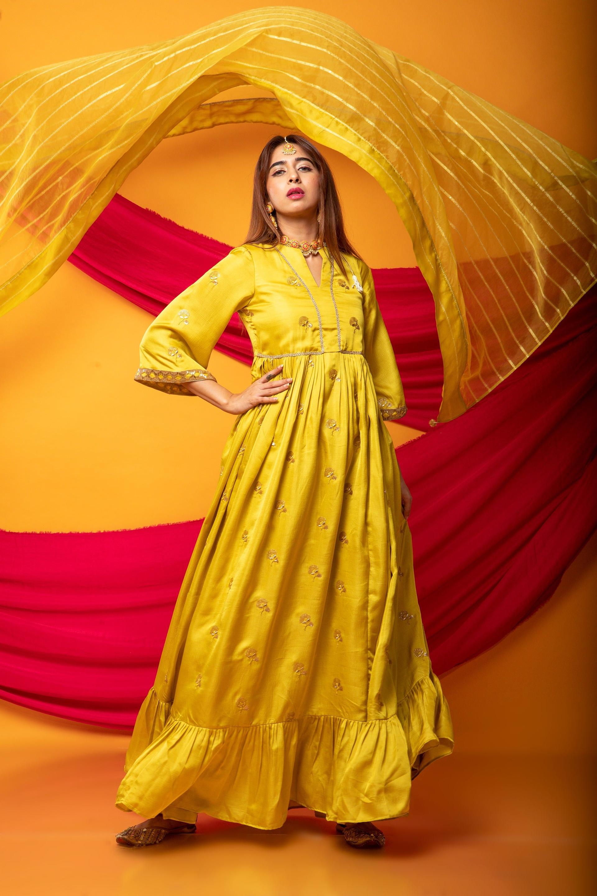 zunera long anarkali kurta with dupatta set-canary yellow