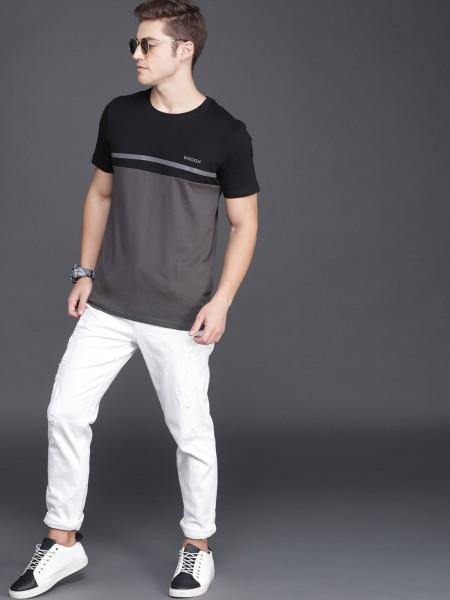 men colorblock round neck pure cotton black t-shirt