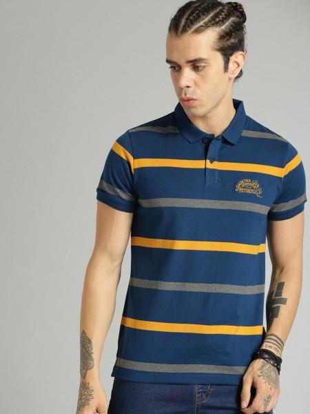 men striped polo neck pure cotton dark blue t-shirt