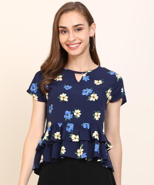 casual regular sleeves printed women dark blue top