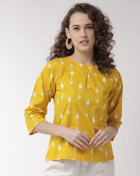 casual regular sleeves graphic print women yellow top