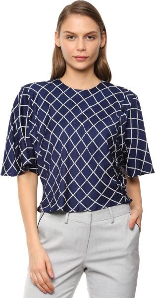 casual flared sleeves printed, checkered women dark blue top