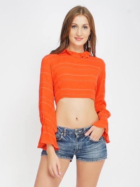 casual flared sleeves solid women orange top