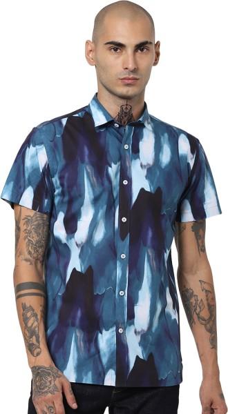 men slim fit printed spread collar casual shirt