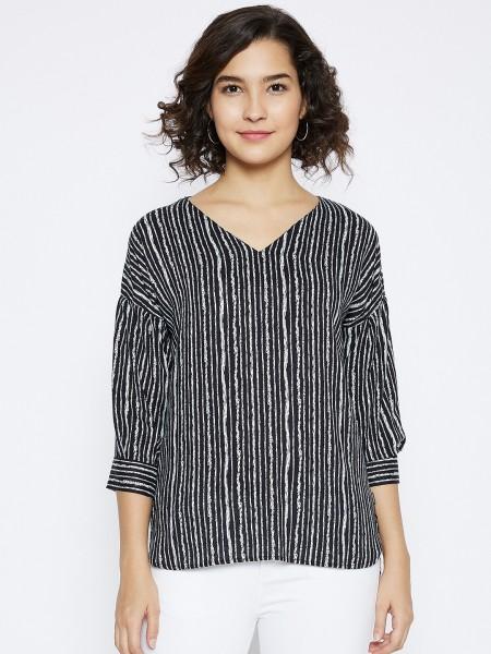 casual regular sleeves striped women black top