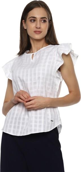 casual cap sleeves checkered women white top