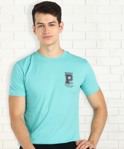 men solid round neck cotton blend light blue t-shirt