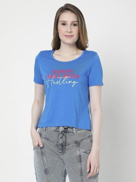 women typography round neck cotton blend blue t-shirt