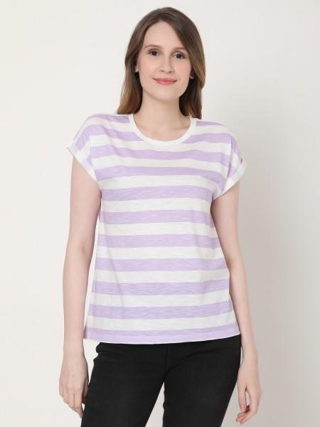 women striped round neck cotton blend purple t-shirt