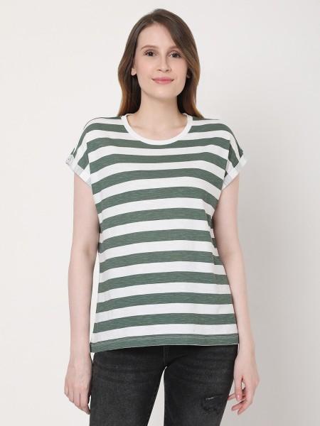 women striped round neck cotton blend green t-shirt