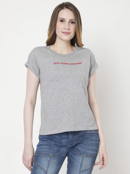 women typography round neck cotton blend grey t-shirt