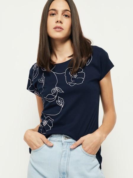 women floral print round neck pure cotton dark blue t-shirt