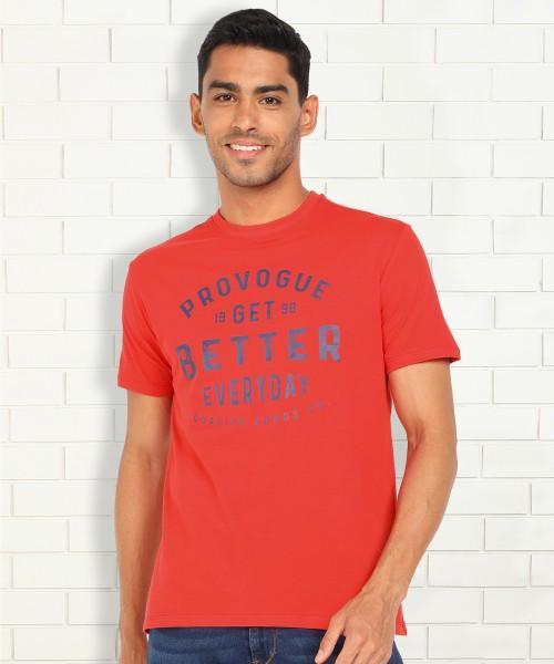 men graphic print round neck cotton blend red t-shirt