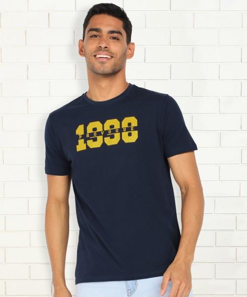 men graphic print round neck cotton blend navy blue t-shirt