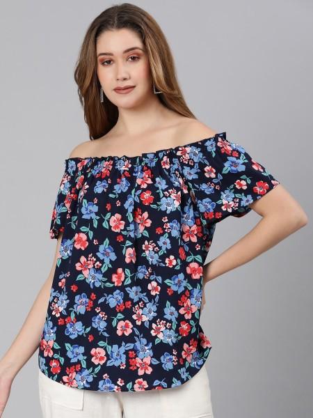 casual regular sleeves floral print women blue top