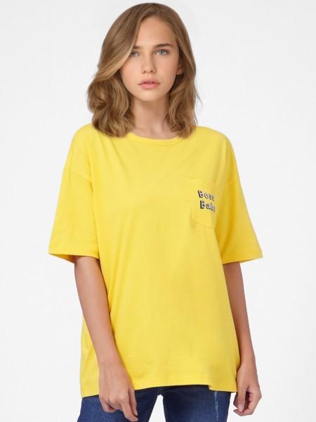 women printed round neck cotton blend yellow t-shirt