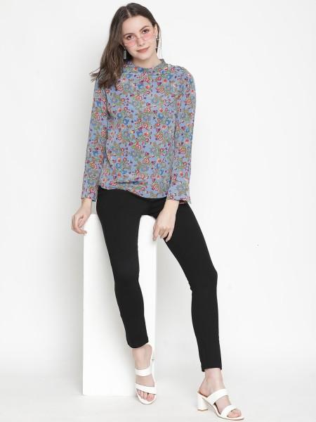 casual regular sleeves floral print women grey top