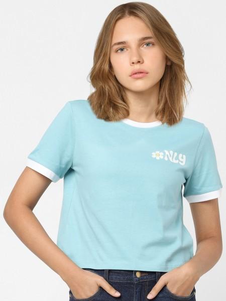 women typography round neck cotton blend light blue t-shirt