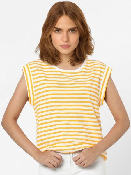 women striped round neck cotton blend yellow t-shirt