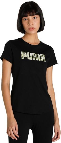 camo graphic logo tee women graphic print round neck cotton blend black t-shirt