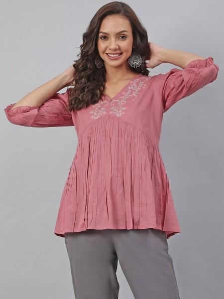 casual cuffed sleeves embroidered women pink top