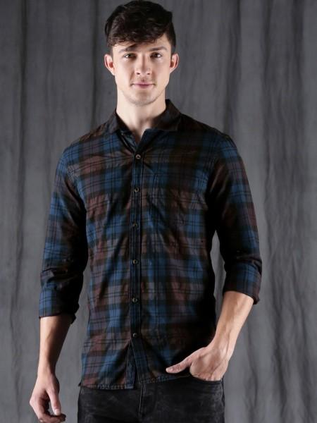 men slim fit checkered spread collar casual shirt