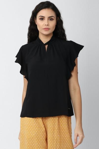 casual regular sleeves solid women black top