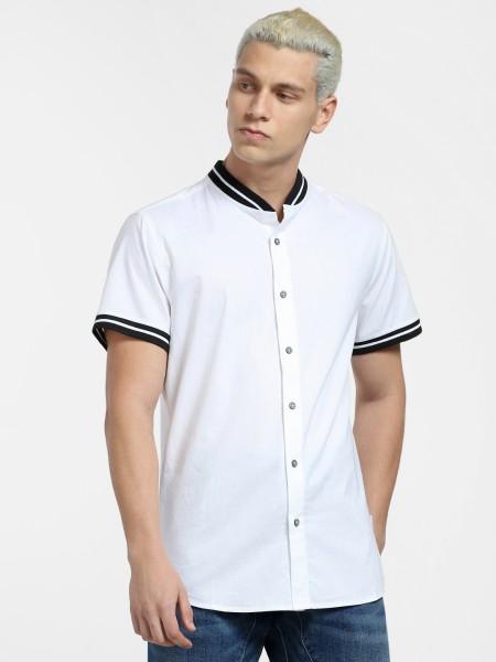 men regular fit solid ribbed collar casual shirt