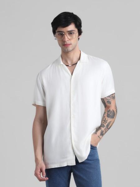 men regular fit solid lapel collar casual shirt