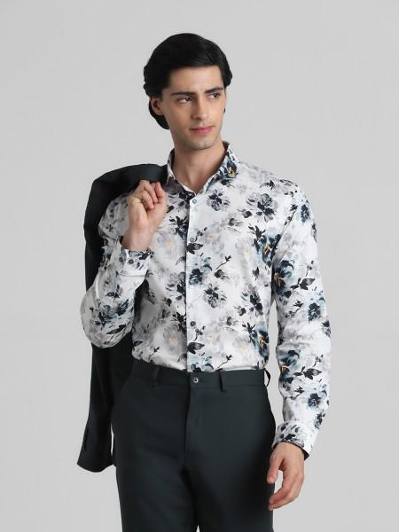 men slim fit floral print spread collar casual shirt