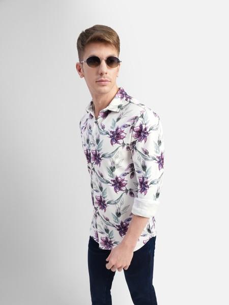 men slim fit floral print spread collar casual shirt