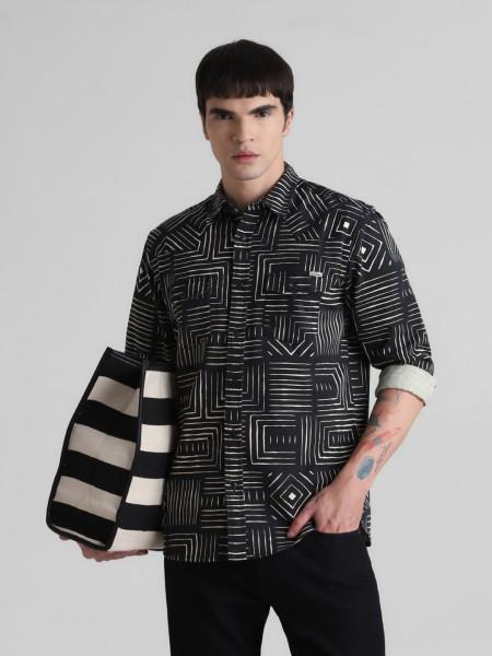 men regular fit printed spread collar casual shirt